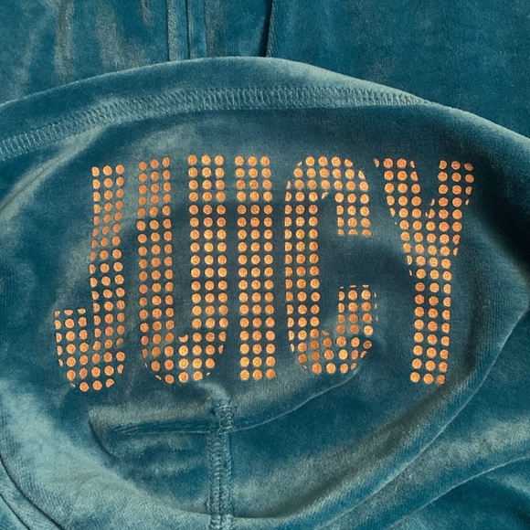 Juicy Couture Velour Hoodie Spellout JUICY on Hood Teal Peacock Girls Sz 14 - Picture 11 of 11